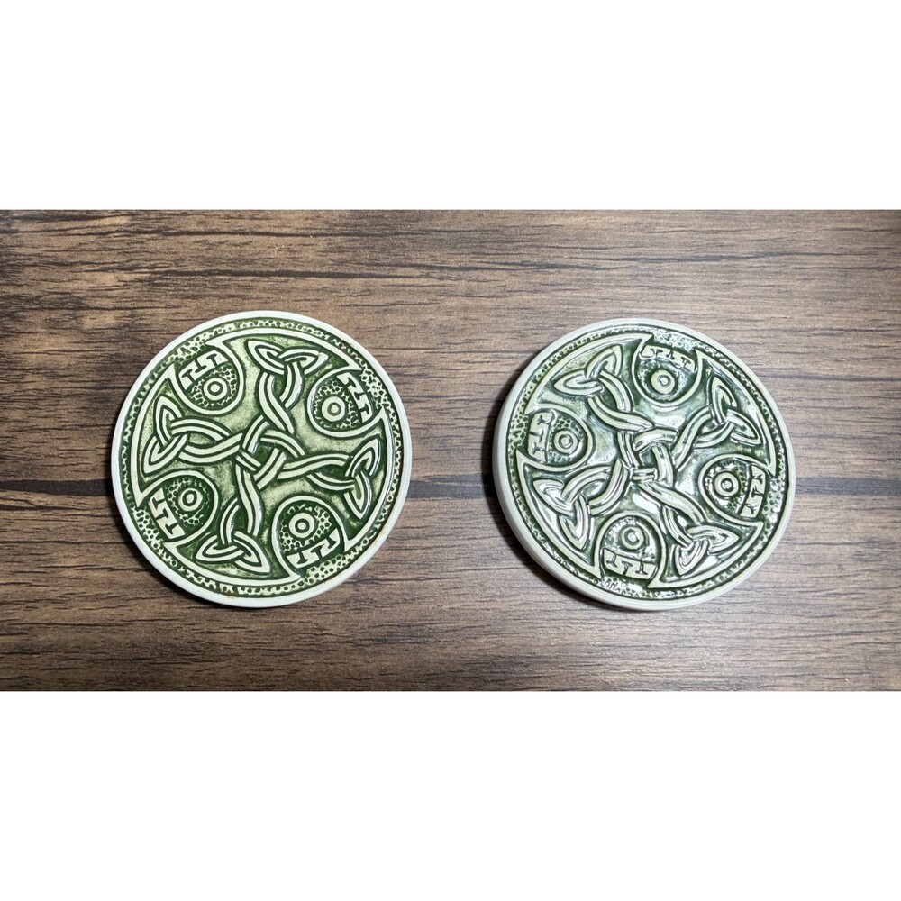 Vintage Jacqui Seller Ceramic Coasters Celtic Knot Green Set of 2